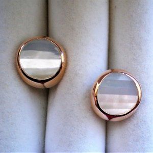 Designer 18K 750 Rose Pink Gold Carved Mother Of Pearl Omega Back Earrings 10.8g
